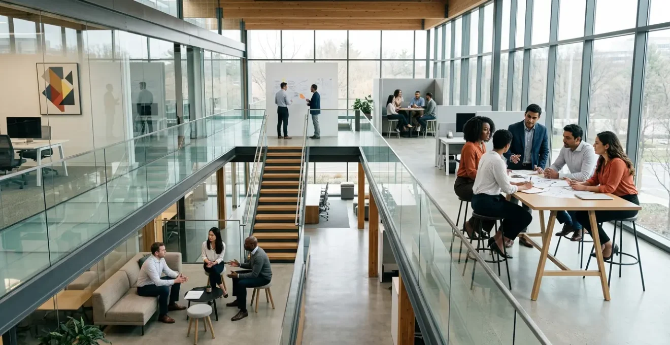 Modern office space showing diverse leaders collaborating around digital interfaces