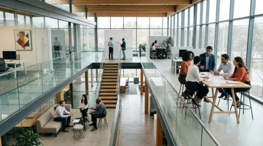 Modern office space showing diverse leaders collaborating around digital interfaces