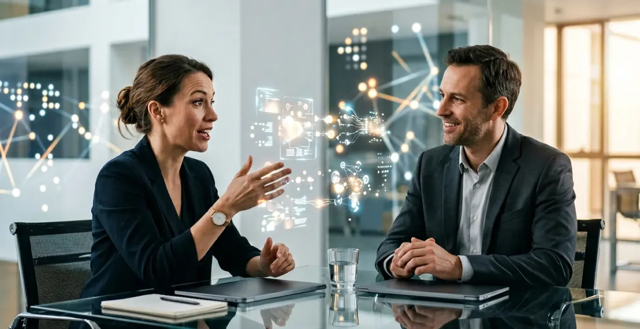 Business professionals collaborating with AI technology in modern workplace environment