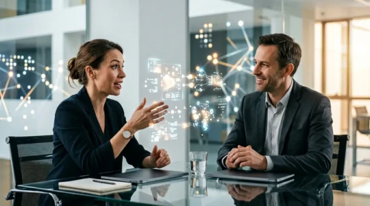 Business professionals collaborating with AI technology in modern workplace environment