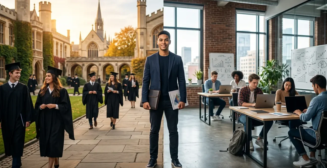 Young entrepreneur at crossroads between university campus and startup office