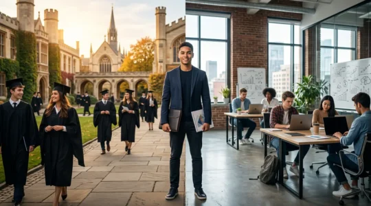 Young entrepreneur at crossroads between university campus and startup office