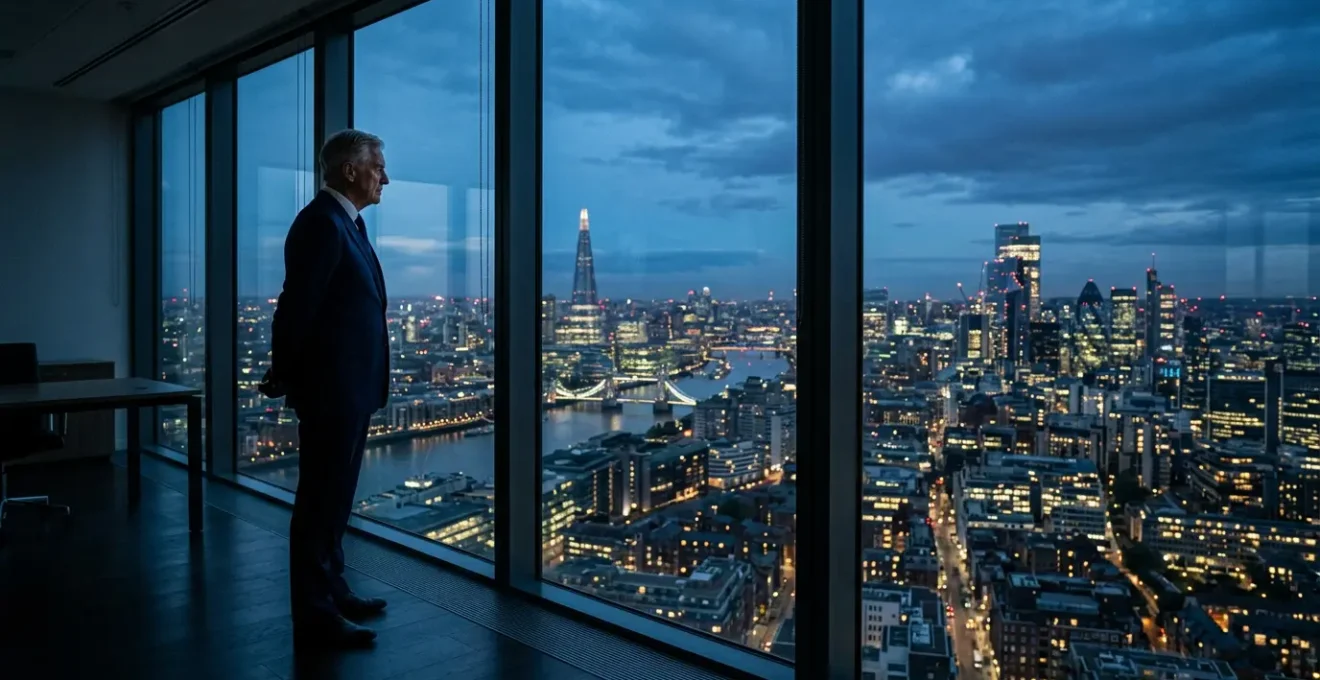 Executive contemplating strategic decisions in modern office with cityscape view