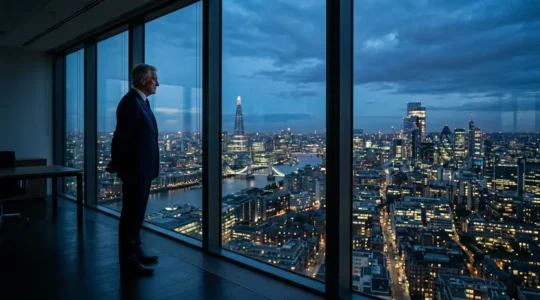 Executive contemplating strategic decisions in modern office with cityscape view