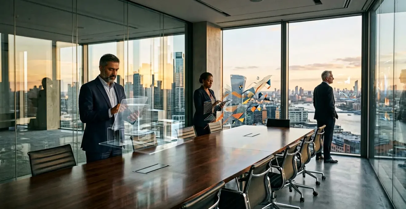 Executive leaders discussing digital transformation strategy in modern boardroom