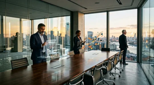 Executive leaders discussing digital transformation strategy in modern boardroom