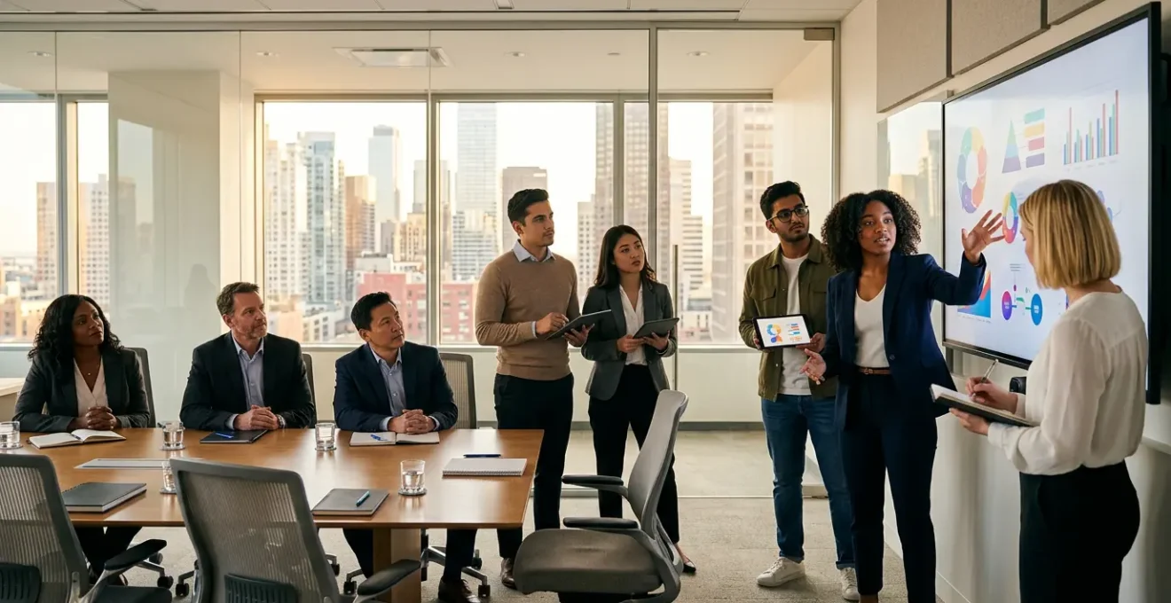 Consulting team presenting data analysis to clients in modern boardroom