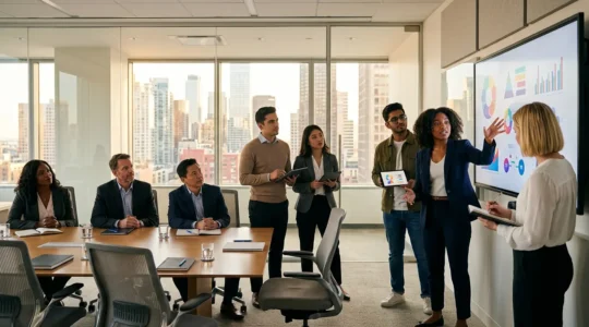 Consulting team presenting data analysis to clients in modern boardroom