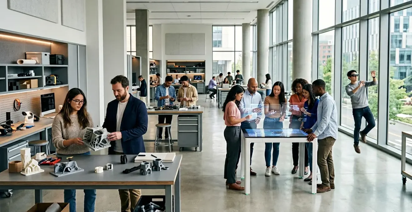 Modern innovation lab featuring a diverse team collaborating around digital prototyping stations with holographic displays