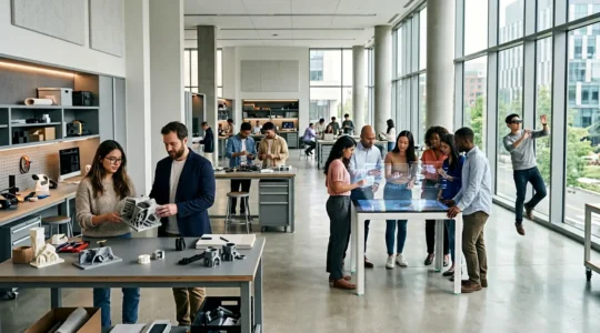 Modern innovation lab featuring a diverse team collaborating around digital prototyping stations with holographic displays