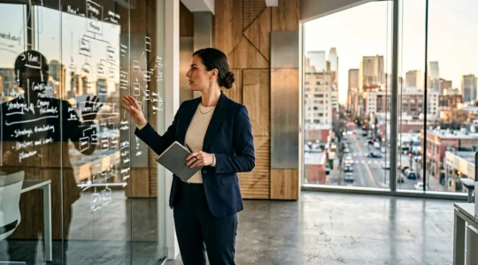 Corporate entrepreneur working on innovative project in modern office