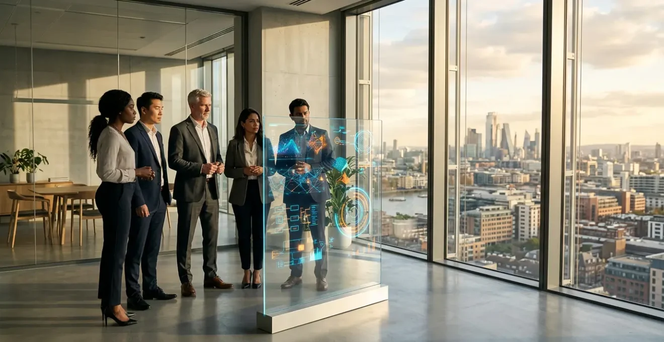 Corporate executives analyzing ESG data in modern boardroom with city skyline view
