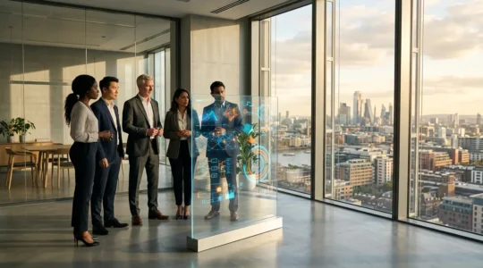 Corporate executives analyzing ESG data in modern boardroom with city skyline view