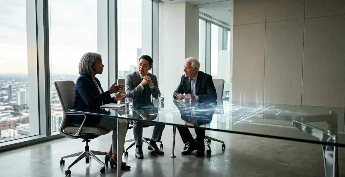 Senior executives in modern boardroom collaborating with holographic data visualizations