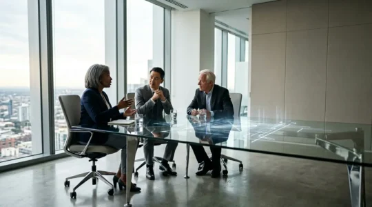 Senior executives in modern boardroom collaborating with holographic data visualizations