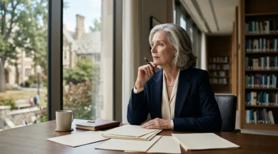 Business executive studying doctoral research in modern office environment