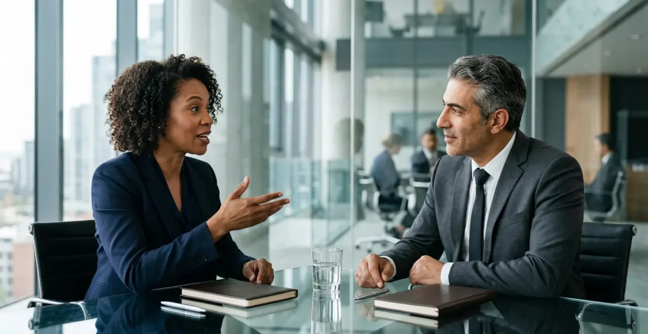 Executive candidates demonstrating soft skills during professional interaction in modern boardroom