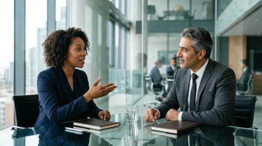 Executive candidates demonstrating soft skills during professional interaction in modern boardroom