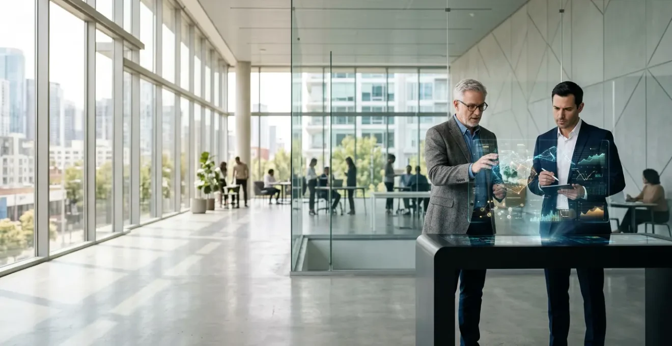 Business executive and academic researcher examining data visualizations on floating holographic displays in modern collaborative workspace