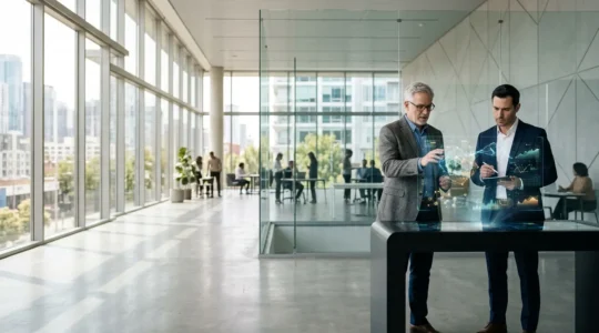 Business executive and academic researcher examining data visualizations on floating holographic displays in modern collaborative workspace