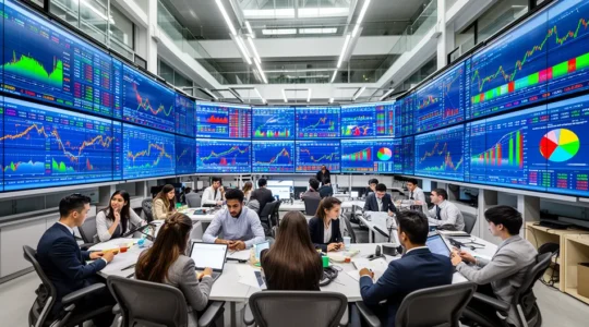 Business students analyzing global economic data on multiple screens in a modern collaborative workspace