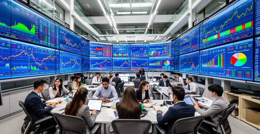 Business students analyzing global economic data on multiple screens in a modern collaborative workspace