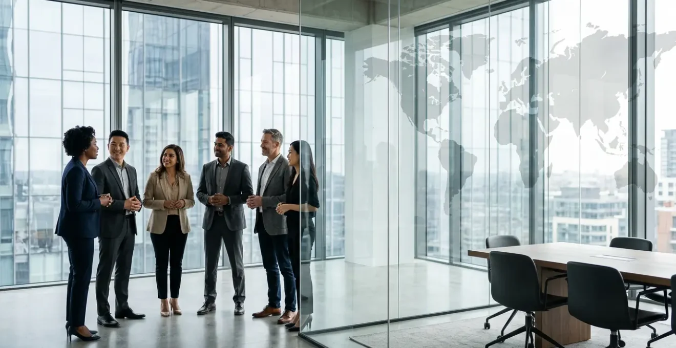 International MBA professionals networking with global connections visualized on world map background