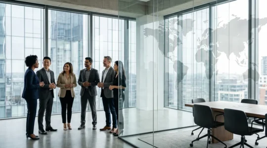 International MBA professionals networking with global connections visualized on world map background