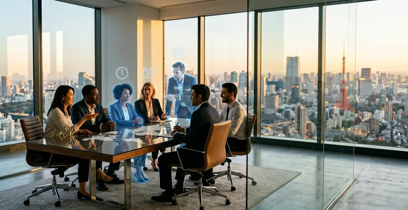 Diverse business professionals collaborating around a virtual conference table with digital connections showing global time zones