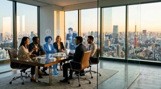 Diverse business professionals collaborating around a virtual conference table with digital connections showing global time zones