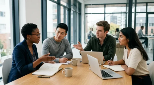 Graduate professionals collaborating in a modern workspace showcasing employability skills