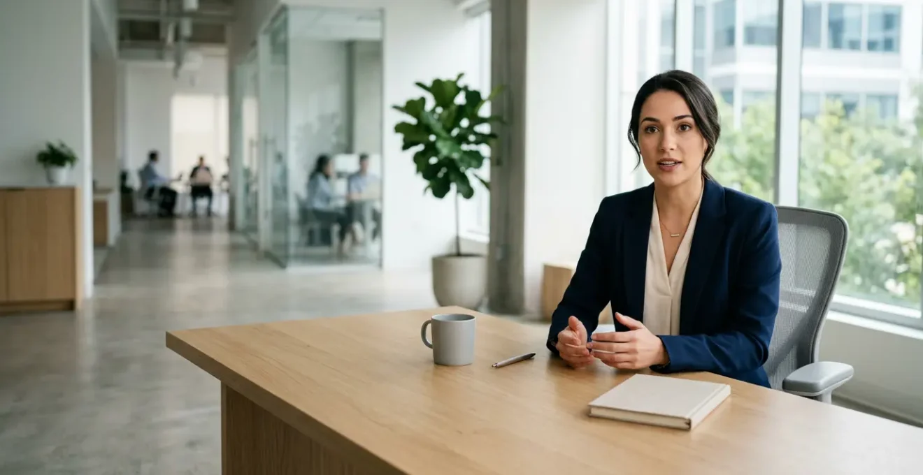 Professional candidate practicing interview responses in modern office environment