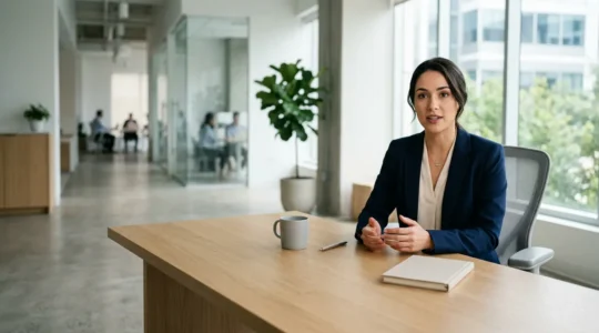 Professional candidate practicing interview responses in modern office environment