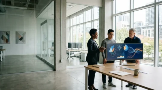 Business managers analyzing data visualizations on multiple screens in modern office