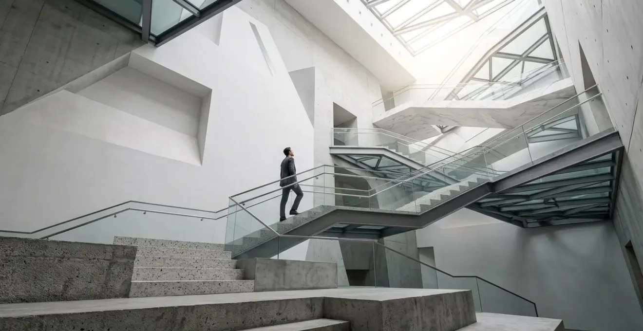 Professional ascending geometric stairs representing career advancement through MSc education