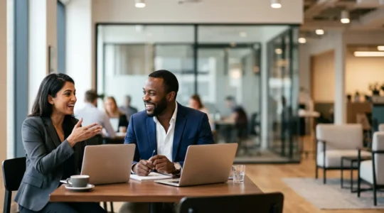 MBA graduates networking and analyzing career opportunities in modern corporate environments