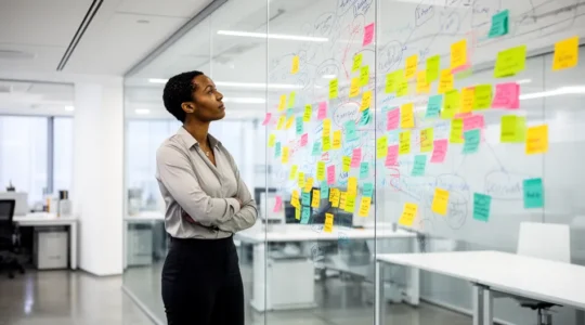 Professional in transition to management role surrounded by supportive team in modern office
