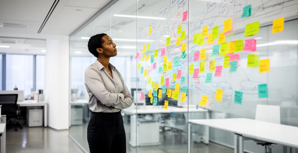 Professional in transition to management role surrounded by supportive team in modern office