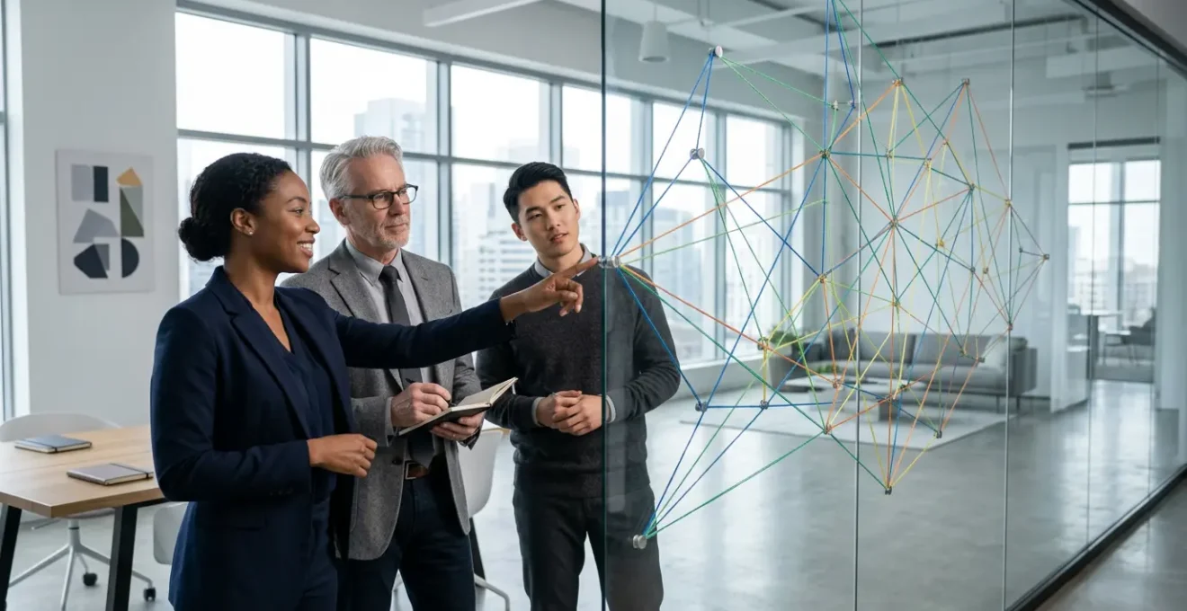 Business professionals in modern office analyzing organizational structure on glass wall