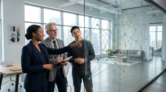 Business professionals in modern office analyzing organizational structure on glass wall