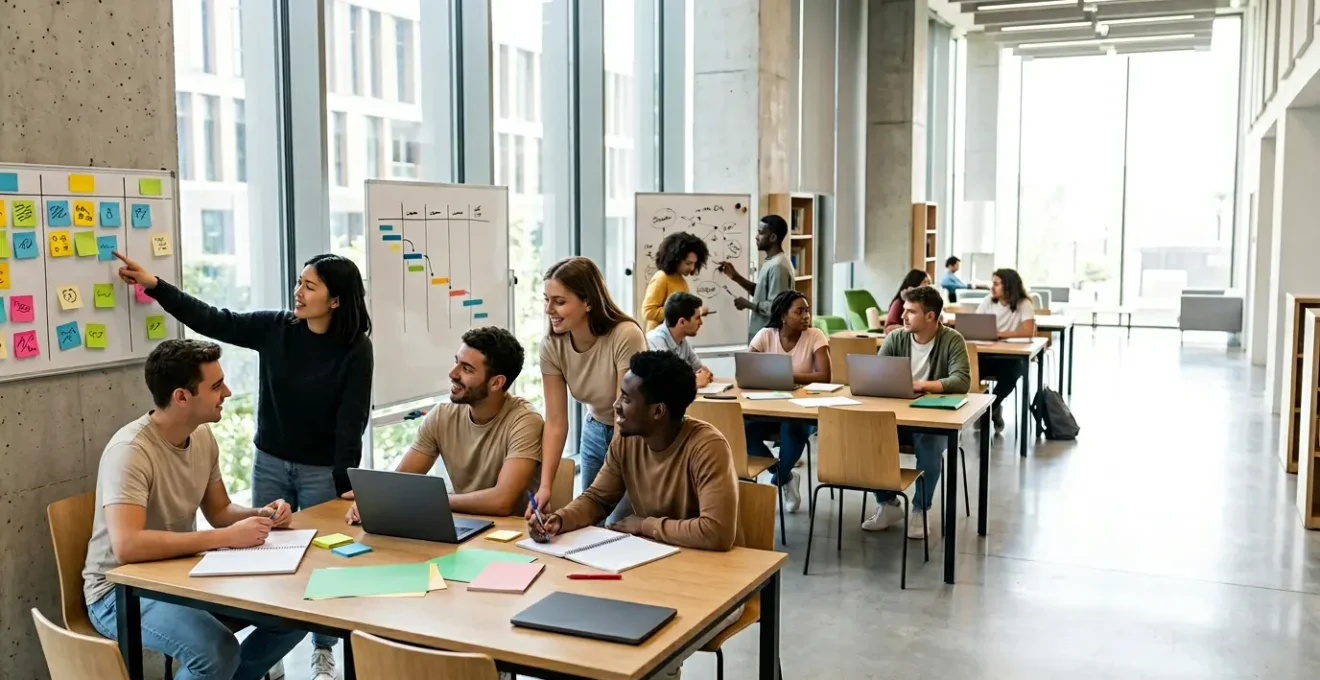 Students collaborating on project management in modern university workspace