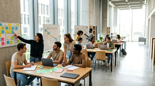 Students collaborating on project management in modern university workspace