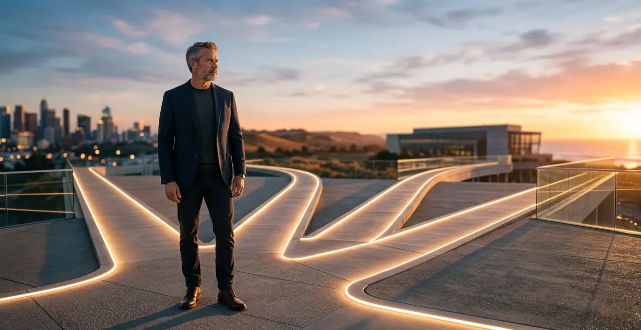 Mature executive at diverging pathways representing career reinvention choices