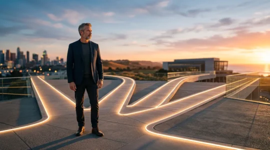 Mature executive at diverging pathways representing career reinvention choices