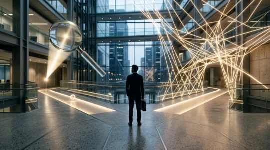 Professional at a career crossroads choosing between specialized masters and MBA paths