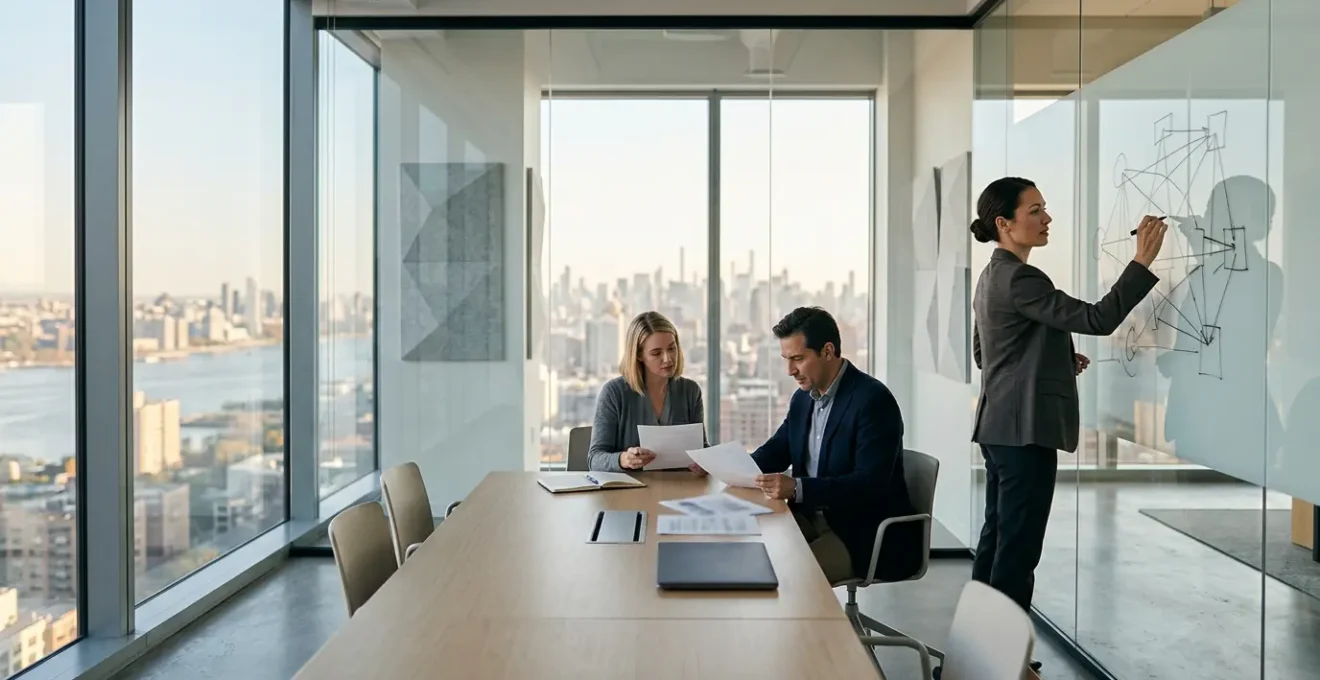 Professional consultants analyzing strategic frameworks in modern office setting