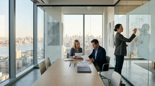 Professional consultants analyzing strategic frameworks in modern office setting