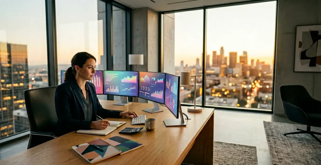 Financial executive analyzing cash flow projections on multiple screens in modern office setting