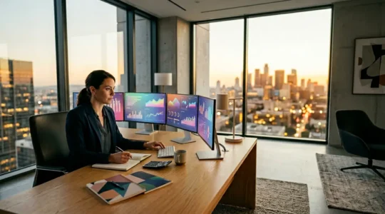 Financial executive analyzing cash flow projections on multiple screens in modern office setting