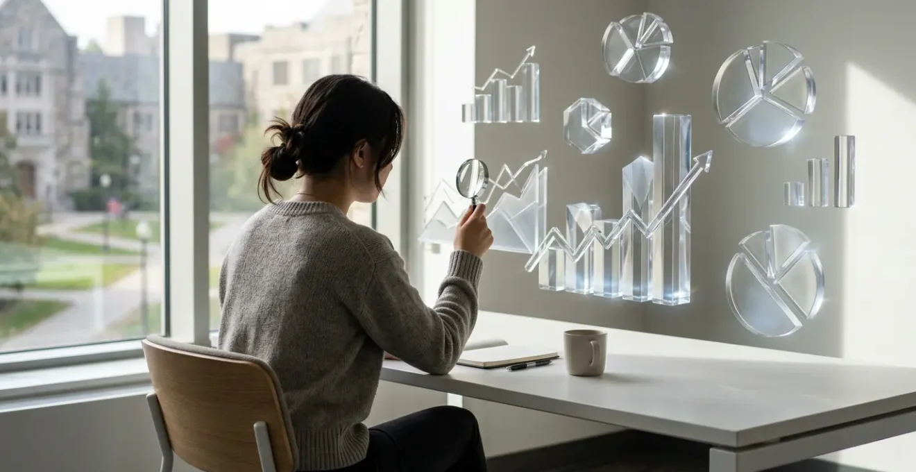 Student examining placement rate charts and statistics with analytical tools